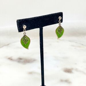 Green And Sterling Silver Leaf Overlay Dangle Earrings